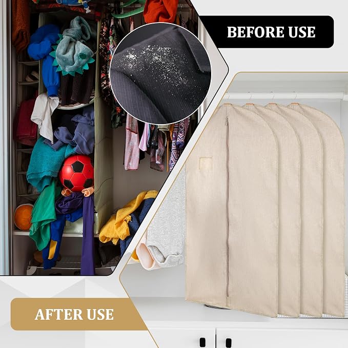 5 Packs Cotton Garment Bag for Hanging Clothes, 40" Breathable Hanging Suit Cover, Linen Garment Bags for Clothes Coats, Leather Jackets, Sweaters and Closet Storage