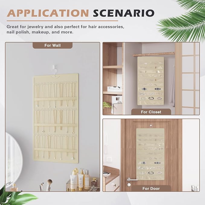 Hanging Jewelry Organizer, Double-Sided Necklaces Holder, Beige | 42 clear pockets organize rings & earrings; 36 wire necklace hooks reduce tangles; top hook hangs in closets, walls or doors.