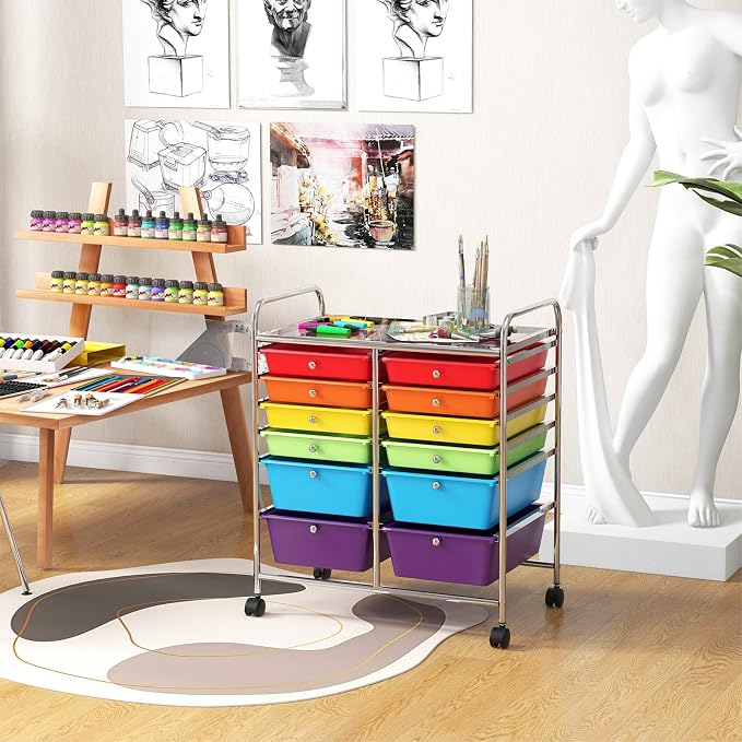 DREAMADE Rolling Cart with Storage Drawers, Utility Cart with Removable Plastic Drawers, Lockable Wheels, Art Cart for Classroom Organization Art Supplies Office Scrapbook (‎12 Drawers, Multi-color)