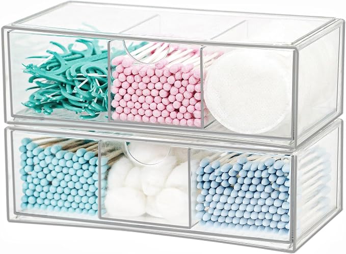 Set of 2 Stackable Storage Drawers - 7.8" Clear Plastic Drawer Storage, Acrylic Makeup Organizer, Desk Counter Cabinet Office Organizer, Bathroom Organizers and Storage (3 Grid/Set of 2)