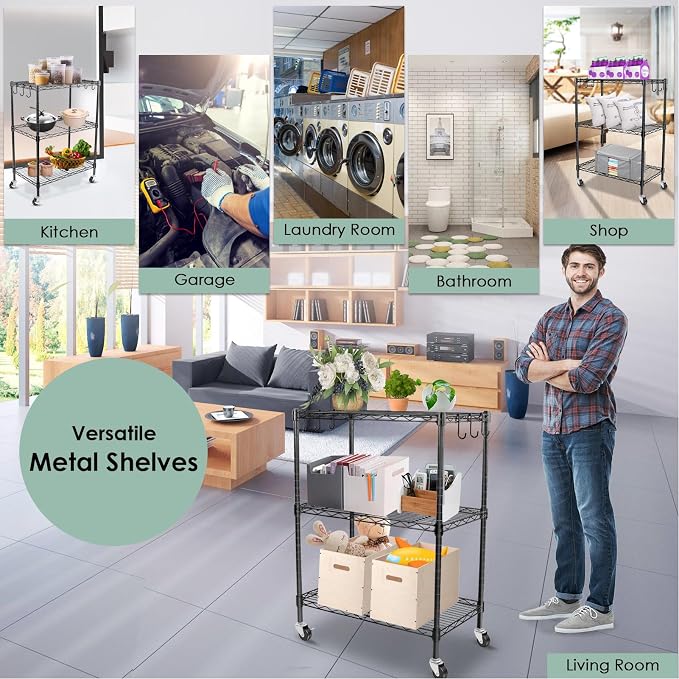 WDT 3-Tier Storage Shelves, Heavy Duty Metal Shelves Wire Rack Shelving Unit, Adjustable Shelf with Wheels for Home Office Garage Kitchen Bathroom,23.4" Wx13.6 Dx32.5 H