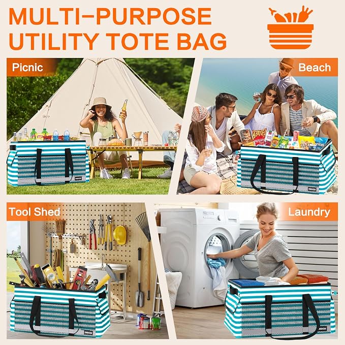 Extra Large Utility Tote Bag with Reflective Strip, Standing Reusable Grocery Bags with Hard Bottom, Collapsible Utility Tote with Handles for Shopping, Beach, Picnics, Car, Striped Green