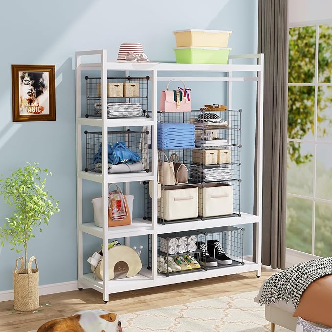 C&AHOME Wire Cube Storage Unit, Interlocking Metal Wire with Divider, Black | Modular Cabinet with Plastic Panels Bookshelf Stackable Closet Organizer with Small Hooks