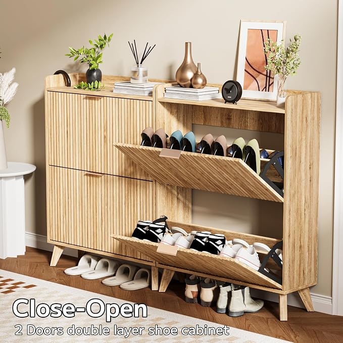 Fluted Shoe Cabinet Storage with 2 Flip Drawers, Wood Narrow Hidden Shoe Organizer with Adjustable Shelf for Entryway, Freestanding Slim Shoe Rack for Hallway Living Room, Saving Space, Oak