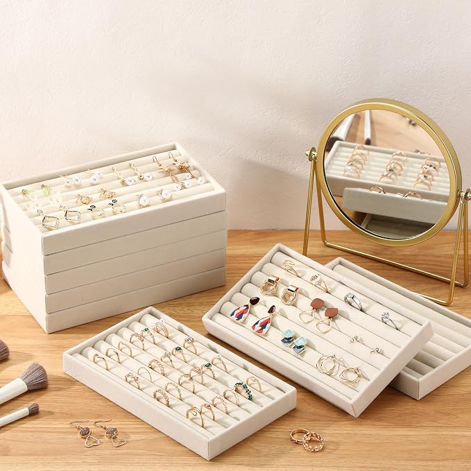 Highergo 8 Pcs Velvet Jewelry Trays Stackable Drawers Organizer Ring Earring Bracelet Necklace Storage Trays, 8.3x4.7x1''(7 Long Slots)