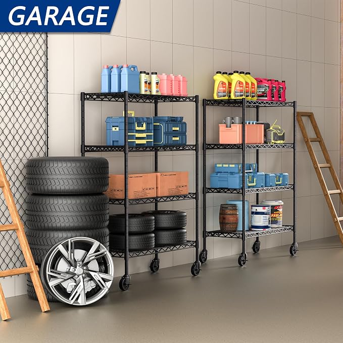 Soywey 4-Shelf Adjustable Heavy Duty Storage Shelving Unit on 4 Wheel Casters, Metal Organizer Wire Rack for Laundry Bathroom Kitchen Pantry Closet, Black