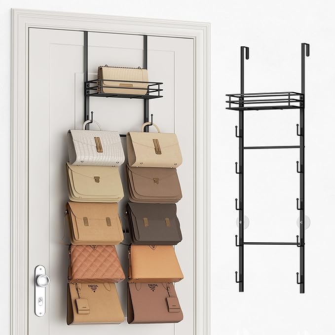 SWTYMIKI Over the Door Purse Organizer - Wall Mounted Handbag Organizer with 10 Hooks and Metal Basket, Hanging Purse Storage Rack Holds up to 10 Bags, Bag Rack Can Use As 1/2 Part, for Door, Closet