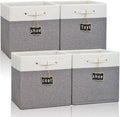 13x13x13 Storage Cube Bins 4 Pack,Collapsible Fabric Storage Cubes with Labels,Linen Cube Storage Organizer Bins with Cotton Handles,Square Storage Cubes for Home,Office,Clothes,Cabinet(White Grey).