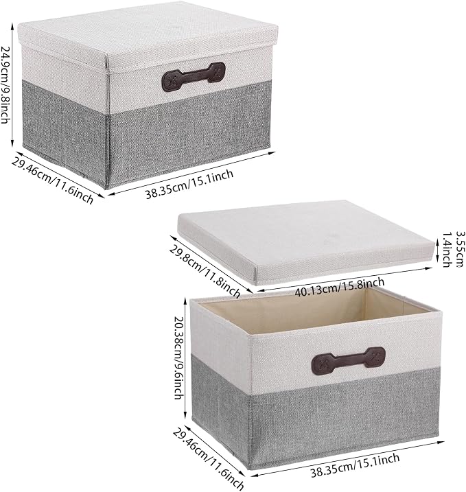 Foldable Storage Bins with Lids 2 Pack Large Storage Baskets with Lids Foldable Fabric Basket for Clothes Towels Books Organizer Home Decor White and Gray 15.7x11.8x9.8 Inch