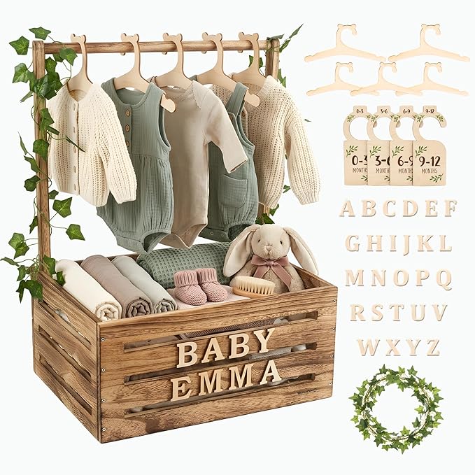 Wooden Baby Shower Crate Closet & Basket with Hanger Rack - Customizable Gift Basket with 2x Alphabet Letter Sets, Hangers, Dividers, Ivy Garland,Nursery Decor Girls Boys(Rustic Burnt Wood)