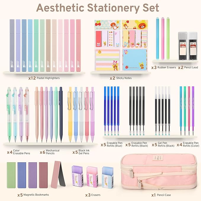 DazSpirit 62PCS Aesthetic Stationery Set with Pencil Case, No Bleed Highlighters, Gel & Erasable Pens, Mechanical Pencils, Refills, Cute College School Supplies for Note Taking, Journaling