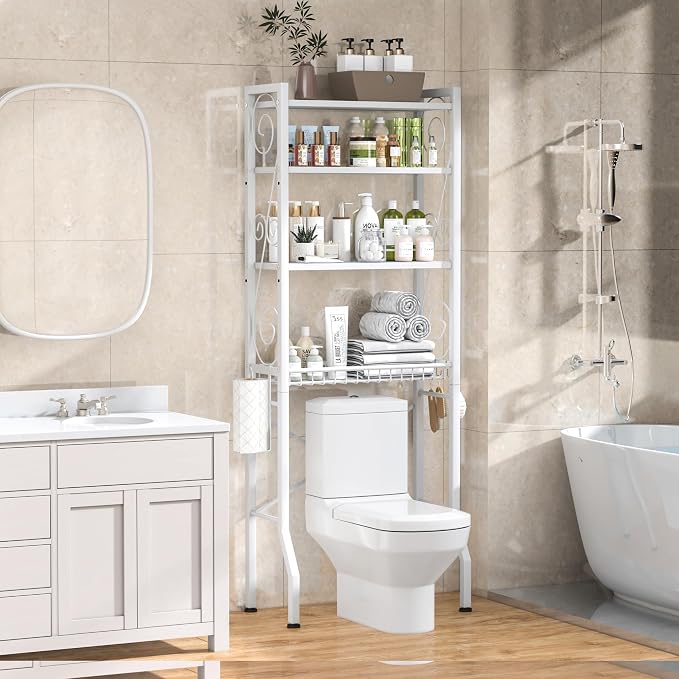 Aduanbang 4 Tier Over The Toilet Storage Rack, Bathroom Organizer Shelf with Basket, Adjustable Shelves, Freestanding Space Saver for Small Bathrooms (White)