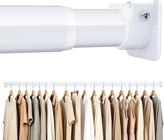 STARLATTA Heavy Duty White Closet Rod: 17-84 Inch Stepless Adjustable Clothes Hanging Bar, 1.3" Diameter Metal Wardrobe Pole with Brackets, No-Cut, for Laundry & RV