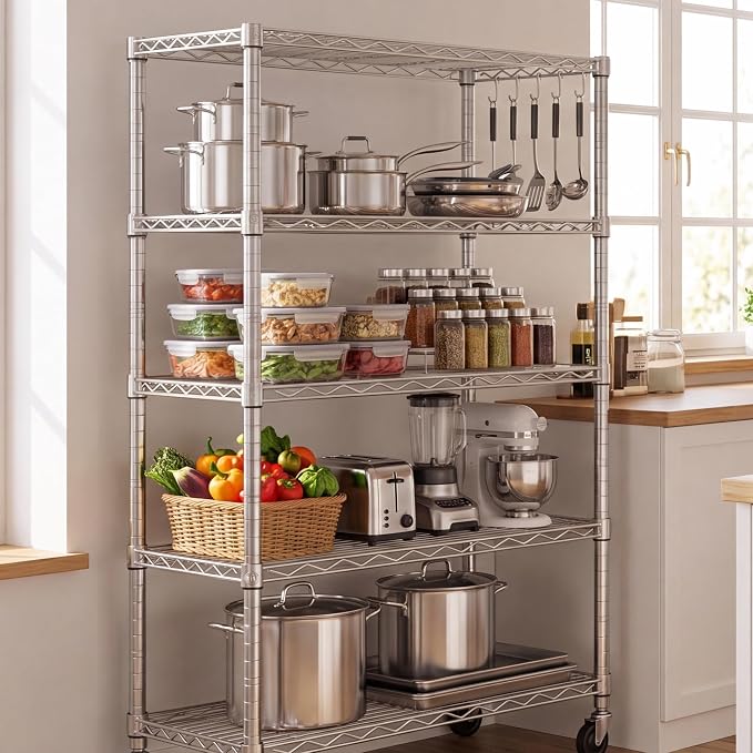 PrimeZone 75" H Wire Shelving 5 Tier Slim Steel Storage Metal Shelves with Wheels,Adjustable Kitchen Utility Shelving Unit,Pantry Rack Rolling Metal Shelf Chrome 24" Wx18 Dx75 H