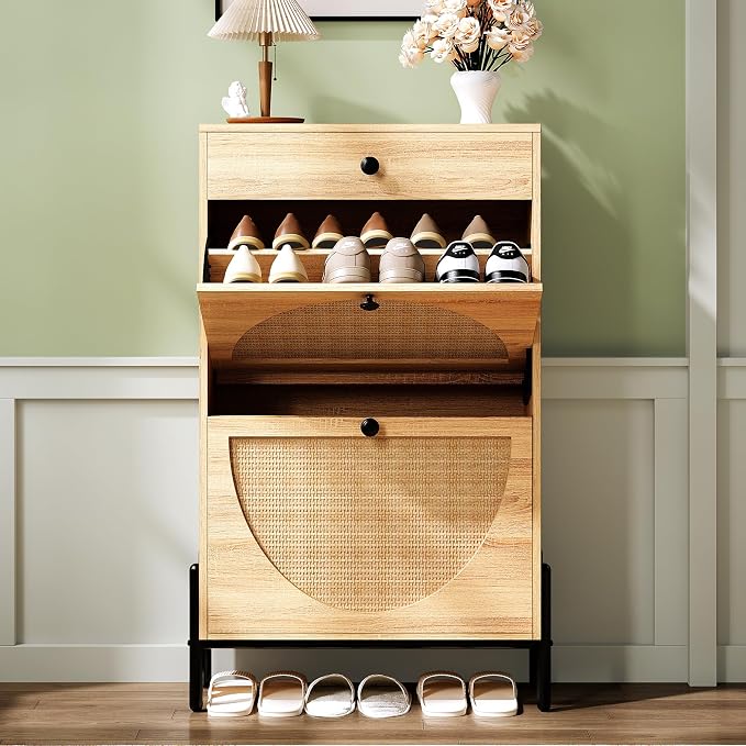 IRONCK Shoe Cabinet with 2 Flip Drawers, Shoe Storage Cabinet for Entryway, Free Standing Shoe Storage Organizer with Rattan Doors Slim Narrow Shoe Rack Cabinet, Oak