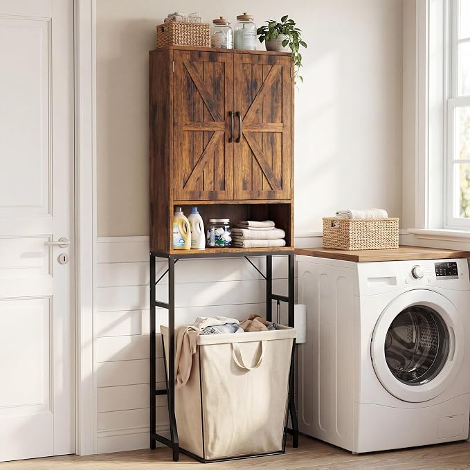23.6" Over The Toilet Storage Cabinet with Barn Door,Bathroom Organizers and Storage with Adjustable Shelves, Farmhouse Over Toilet Organizer for Bathroom,Restroom,Laundry,Brown