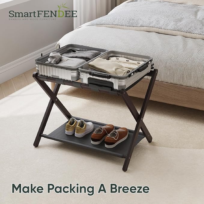 Smart FENDEE Luggage Rack, Folding Luggage Rack for Guest Room, Brown Bamboo Suitcase Stand Holds up to 131 lb, Luggage Stand with Storage Shelf for Hotel, Bedroom (1 Pack)