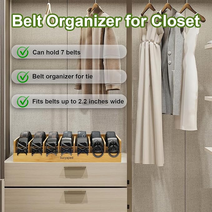 Belt Organizer,Wooden, 7 Compartments | Natural Bamboo Belt Storage Box, For Closet and Drawer, Belt Holder Case, For Belt and Tie , For Men & Women
