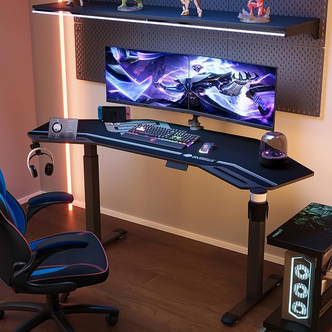 EUREKA ERGONOMIC Gaming Standing Desk w Dual Motor,72" Wing Shaped Music Studio Desk Electric Adjustable Height Table Recording Live Stream, Slot Design,Black