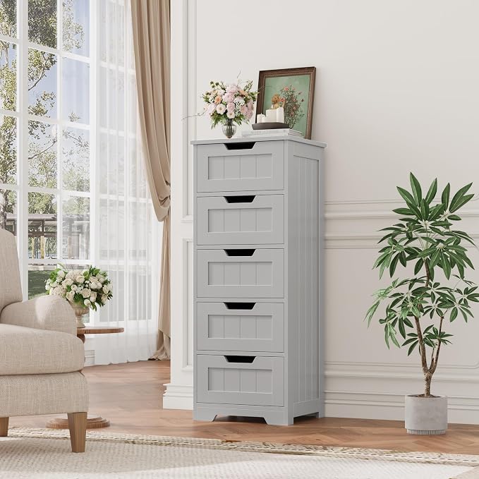 FOTOSOK Bathroom Cabinet, Bathroom Storage Cabinet with 5 Drawers, Wooden Storage Cabinets with Cut-Out Handles, 11.8” x 15.7” x 40.1” Bathrooms Floor Cabinets for Hallway/Living Room, Grey