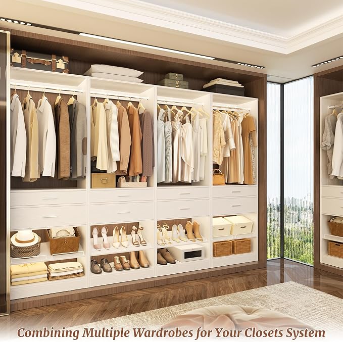 Unikito 25” W x 80'' H Closet Organizer Storage with Hanging Rod and 2 Wooden Drawer, Adjustable Angled Shoes Rack, Sturdy Garment Racks, Walk-in Closet Tower for Bedroom, Mudroom, and Entryway, White