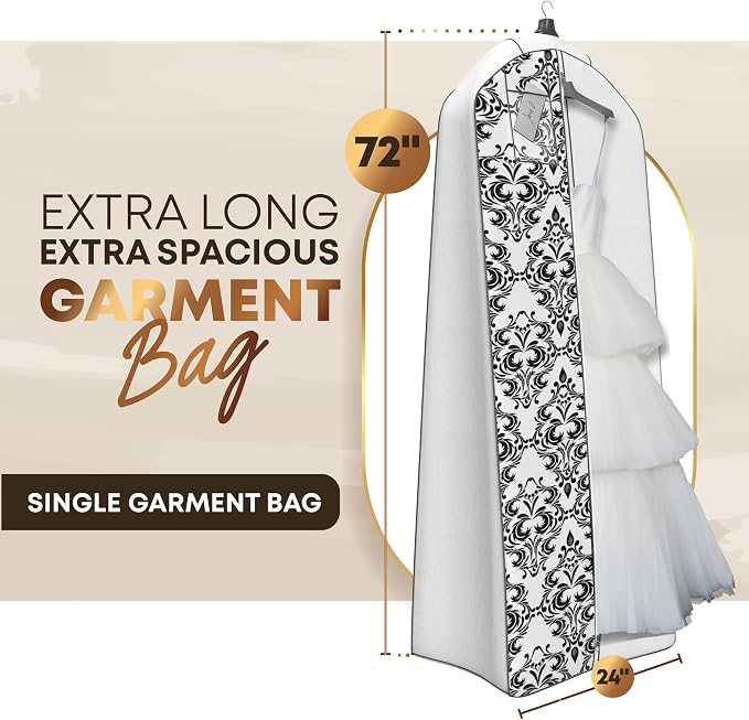 Your Bags Wedding Dress Garment Bag - Garment Bags for Travel & Hanging Clothes or Storage - 72" Wedding Dress Bag for Gowns Long with 20" Gusset for Puffy Bridal Gowns Cover - White/Black Damask