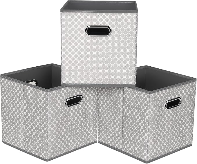 Fabric storage bins Cubes, Fabric Cube Organizer with Handle, Foldable Cube Bins for Cloth or Accessary Storage, 11x11x11, Set of 3, (Light Grey)