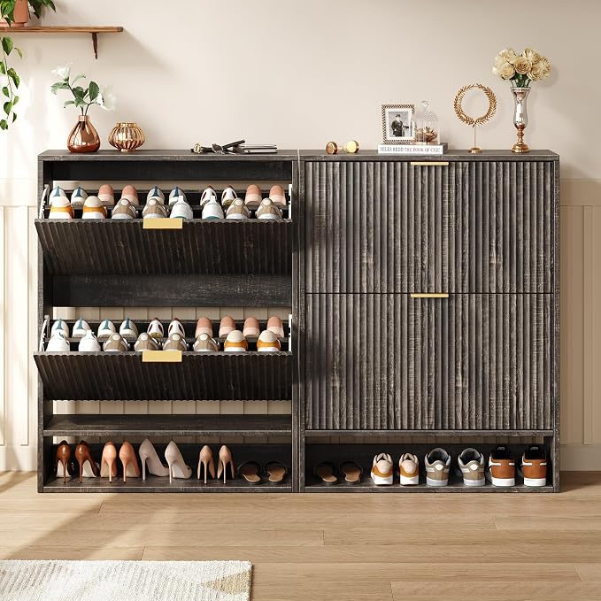 Hootata 31.5''W Black Shoe Storage Cabinet for Entryway with 2 Flip Drawers, Fluted Slim Shoe Cabinet, Free Standing Wooden Shoes Organizer for Foyer, Hallway