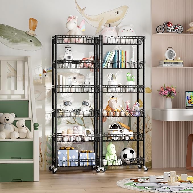 Golpart Basket Shelves Closet Rack with Wheels Metal Pantry Wire Shelf Unit | 6 tier Storage Rolling Shelving Bathroom Organizers Kitchen Garage Laundry Room Organization Home 17.2"Dx12.2"Wx63"H Black