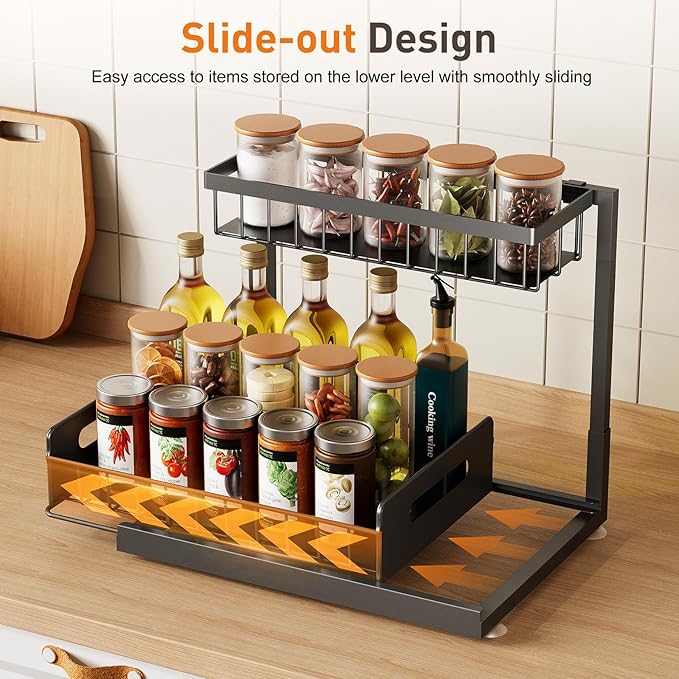 Under Sink Organizer,Metal Pull Out Cabinet Organizer Shelf,Kitchen Bathroom Organizers with Sliding Drawer,Storage Shelves,Storage and organization for Home,Laundry,RV,Pantry,Spice,Black,1 Pack