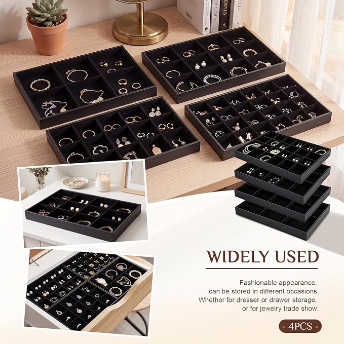 Unittype Set of 4 Stackable Jewelry Organizer Tray for Drawer Inserts Velvet Necklace Earring Bracelet Ring Holder Jewelry Display Storage Box for Bangle Stud Necklace Ring(6/12/15/24 Grid,Black)