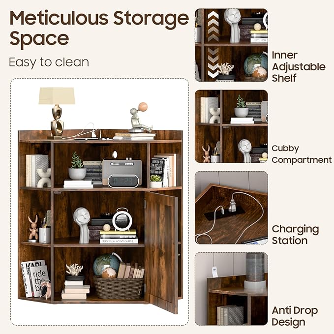 Halitaa Corner Storage Cabinet, Farmhouse Corner Bookshelf with Storage 6-Cubby Wooden Cabinet with USB Ports and Outlets Industrial Organizer for Small Space, Study, Playroom, Living Room