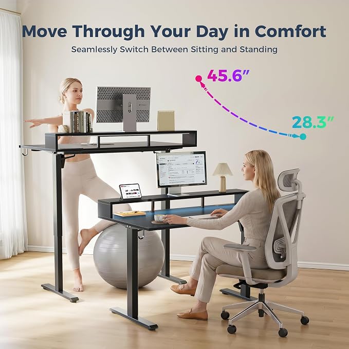 Klicelor Electric Standing Desk with Shelf, 55 Inch Height Adjustable Desk with Power Outlets & LED, Sit Stand Up Table with Monitor Stand, Computer Workstation for Home Office, Black