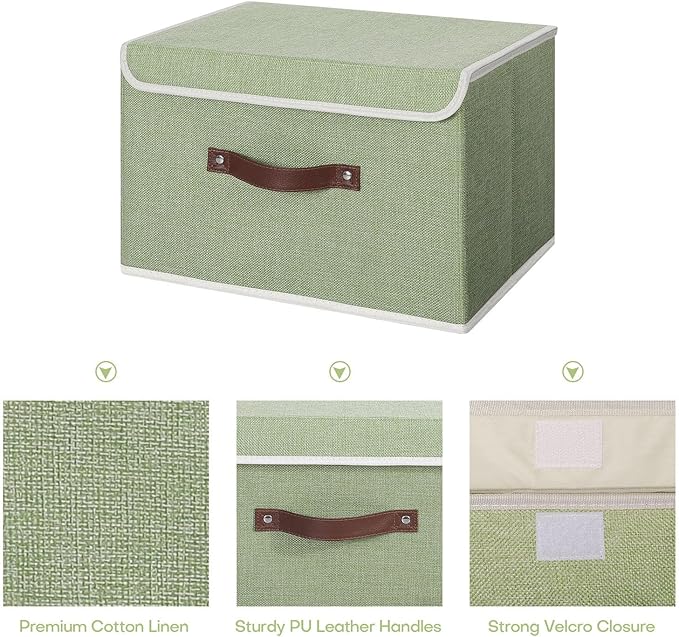 ANMINY 4PCS Storage Bin with Lid Storage Boxes with PU Leather Handles PP Plastic Board Decorative Foldable Lidded Cotton Linen Fabric Home Cubes Baskets Closet Organizer Container - Green, Medium