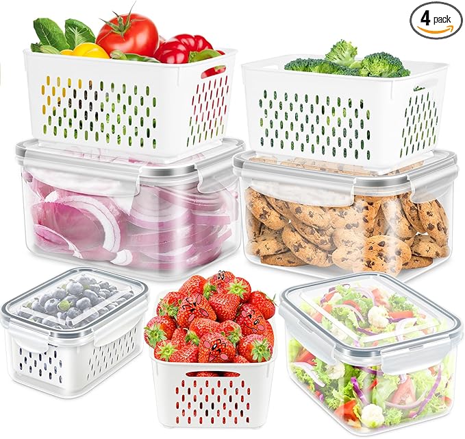 TBMAXS Fruit Storage Containers for Fridge, 4 Pack Produce Saver Vegetable Container with Drain Colanders - Refrigerator Organizer for Lettuce Keepers Berry Container