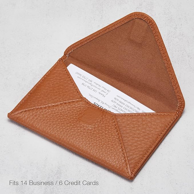 HISCOW Italian Pebbled Leather Business Card Holder, Minimalist Full Grain Envelope Card Case with Hidden Magnetic Closure, 0.19 Inch Slim Front Pocket Wallet for Men and Women, Cognac Brown