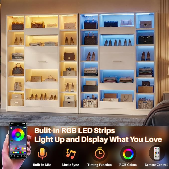 Besiost 40" Closet System with LED Lights, Wooden Closet Organizer System with Drawers & Shelves, Versatile Closet Storage Tower for Walk-in Closets, Shoe Rack and Handbag Storage Cabinet, White