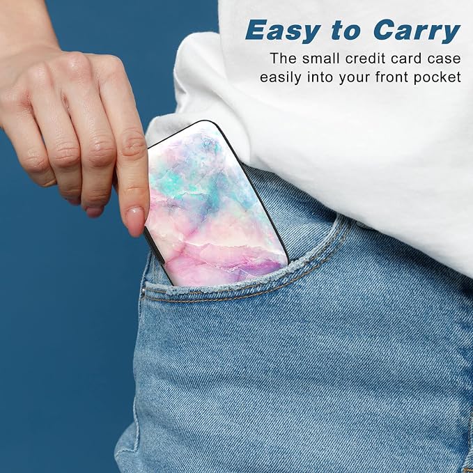 Credit Card Holder, Mini Aluminum Card Wallet RFID Blocking Slim Metal Hard Card Case for Women Men, Colorful Marble