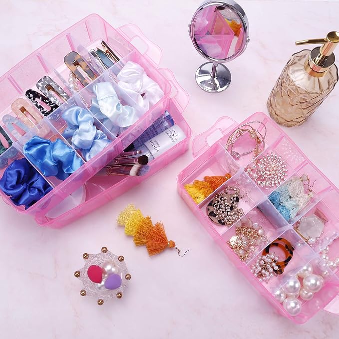 Bead Organizer 3 tier 30 grid Stackable Craft Hair Tackle Storage Pink