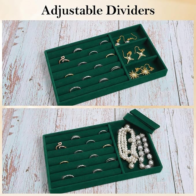 Jewelry Box Insert Organizer for Drawer Stackable Velvet Trays 8.3 x 4.9in | Jewelry Drawer Inserts, Ring Earring Stud Necklace Holder Display Storage Case(Green)