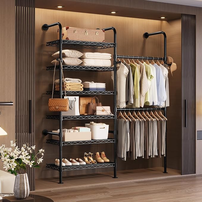 Wall Mounted Closet System, Heavy Duty 2-Row Clothes Rack, Expandable Industrial Pipe Closet Organizers and Storage with 2 Telescopic Rods, 3 Hooks & 6 Shelves for Wardrobe, Bedroom