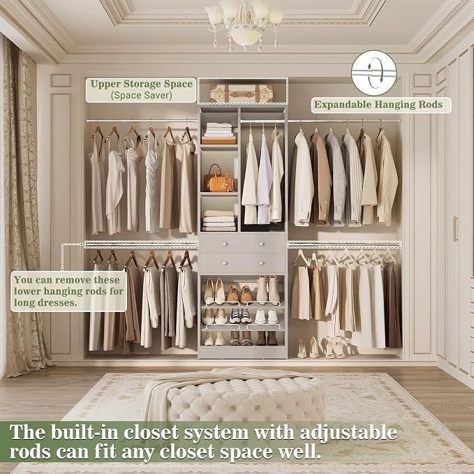 Besiost Closet System, 4.2–8.8 FT Closet Organizer with 2 Wooden Drawers and Shelves, Walk-in Closet System with 5 Hang Rods, Built-in Closet Tower, Can Fit 60 to 96 inch, Morandi Grey