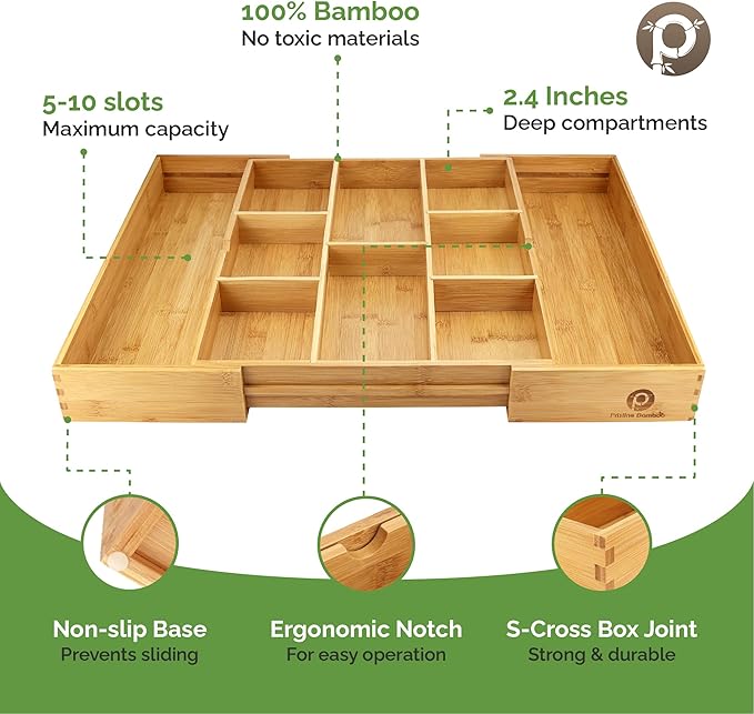 Pristine Bamboo Expandable Drawer Organizer, 10-Slot, Dark Brown | Extra Deep Non-Slip Kitchen Drawer Organizer, 17"x14.6" Expands to 25", Dark Wood Silverware Divider for Utensils