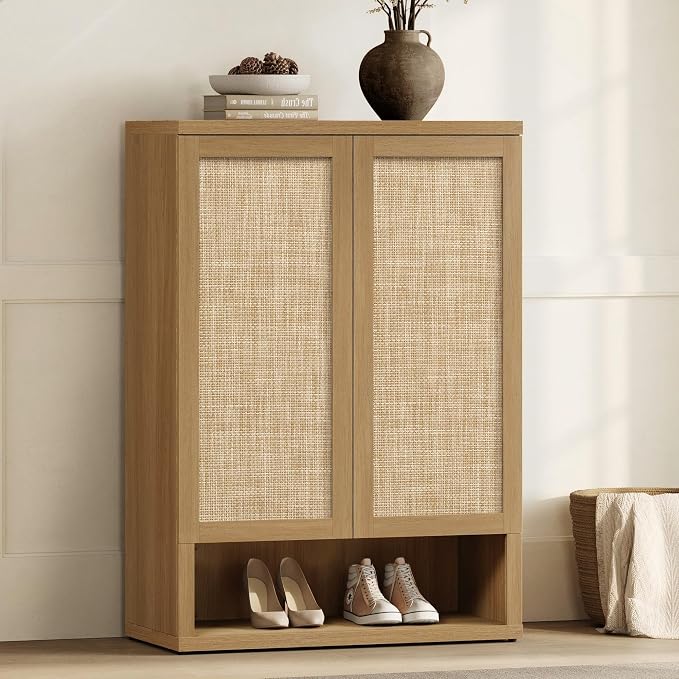 SICOTAS 31.2" Wide Rattan Shoe Storage Cabinet for Entryway with 2 Doors | Rattan Shoe Cabinets with Doors, Tall Shoe Storage Organizer and Display Cabinet for Entryways, Hallways, and Living Rooms