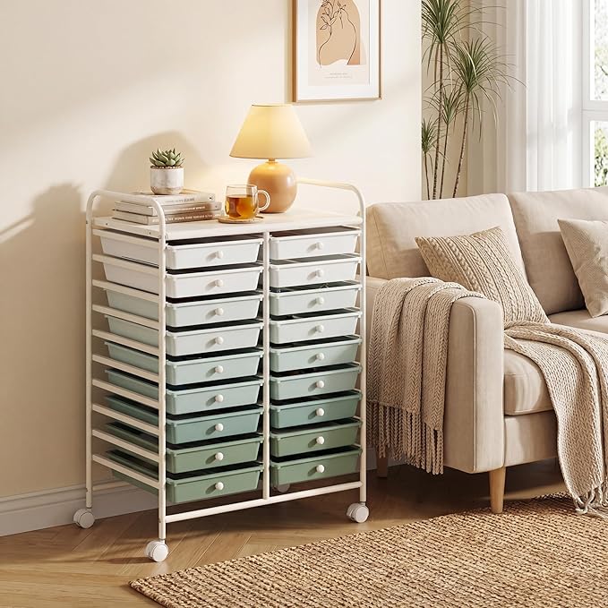 COSTWAY 20-Drawer Rolling Storage Cart, Utility Storage Organizer Cart | For Tools, Scrapbook, Paper, Craft, Multipurpose Storage Trolley on Wheels for Home Office School (Green Gradient)