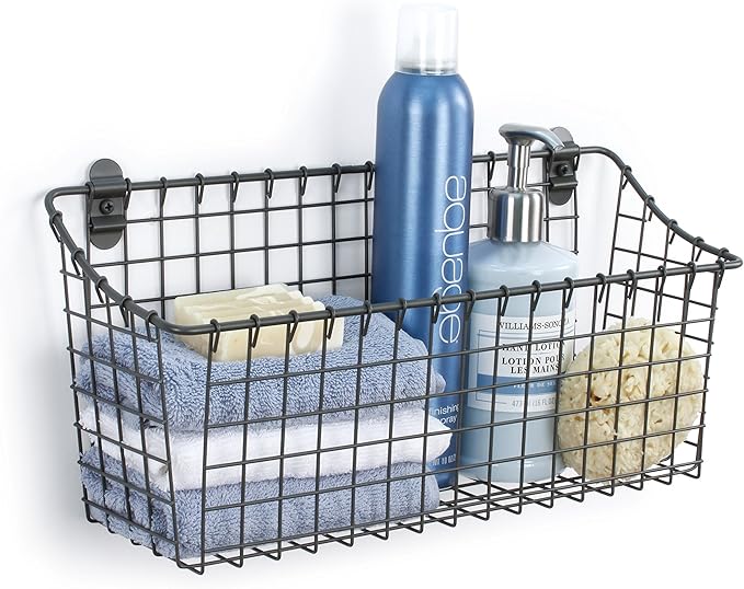 Spectrum Extra Large Wire Wall Mount Storage Basket Industrial Gray, Vintage Wire Basket Wall Mount Organizer Modern for Pantry Kitchen and Bath, Versatile Wall Mount Storage Basket Wire Caddy