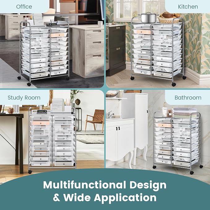 DREAMADE Rolling Cart with Storage Drawers, Utility Cart with Removable Plastic Drawers, Lockable Wheels, Art Cart for Classroom Organization Art Supplies Office Scrapbook (20 Drawers, Transparent)