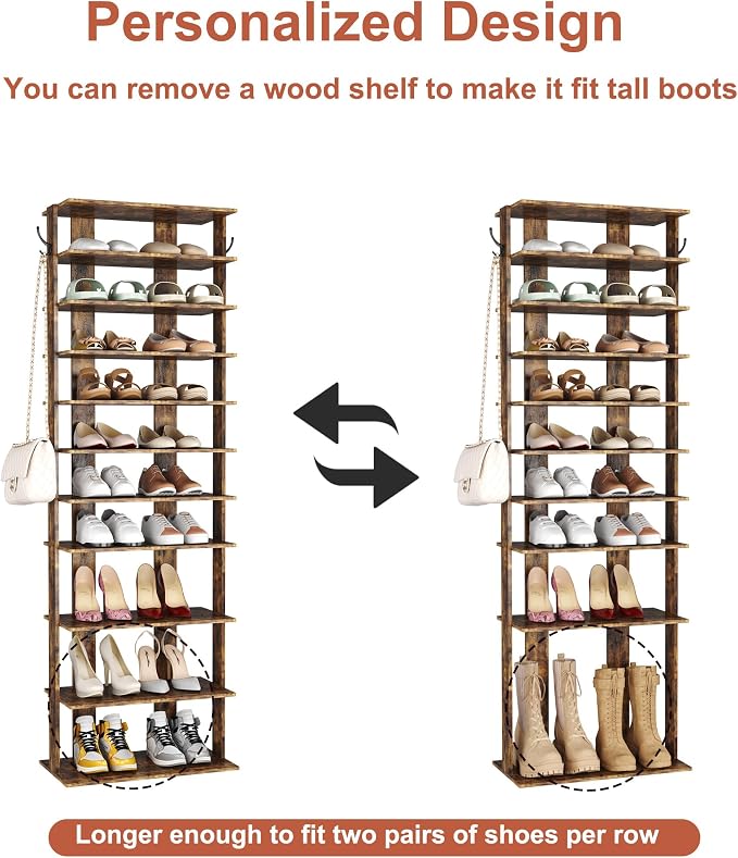 HOMEFORT 10-Tier Vertical Shoe Rack, Corner Shoe Tower, Double Rows 10 Tiers Shoe Shelf, Slim Shoe Storage Unit for 20 Pairs of Shoes, Shoe Stand for Entryway, Hallway, Closet (Rustic Brown)