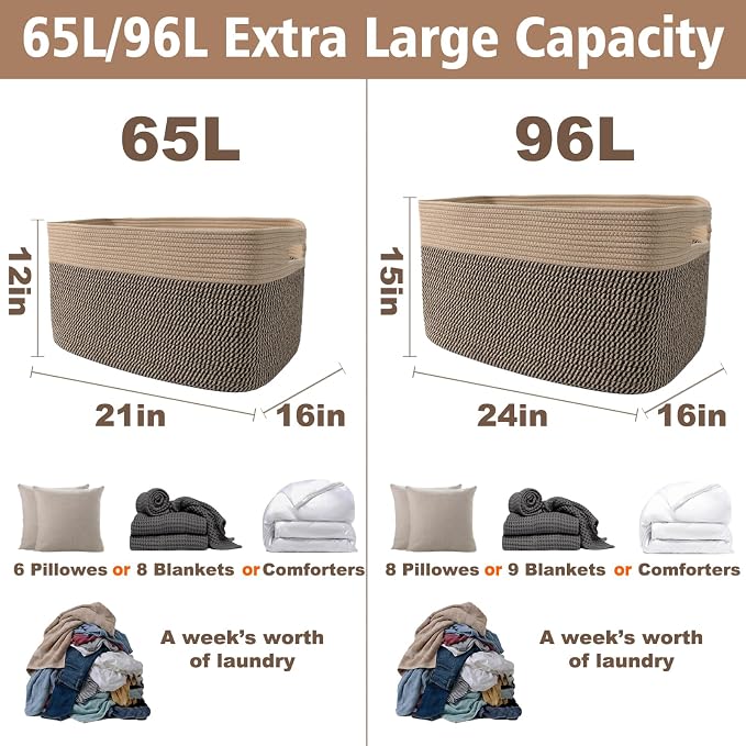 JMvicyroam Woven Blanket Basket,96L Large Storage Bin for Blankets Toys Clothes,Decorative Rope Basket for Living Room Bedroom with Handles, Jute&Black