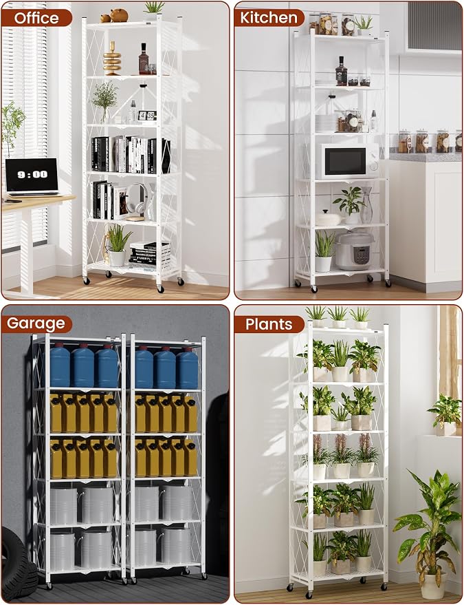 ALANNG 73.6 Inch Folding Bookshelf, 6 Tier Metal Bookcase and Bookshelves | Tall Shelves for Living Room Office Bedroom, Heavy Duty Book Shelve Free Standing Open (White, 2PACK)